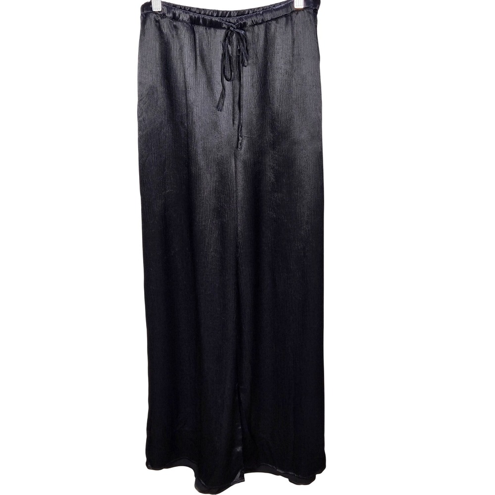 Women's Nation LTD Large Black Crinkle Viscose Wide Leg Drawstring Pants